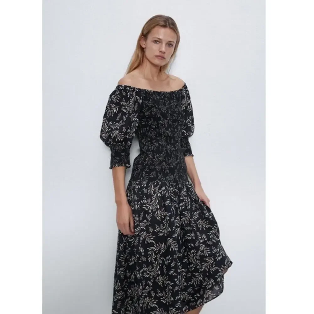 NWOT ZARA Dress M Linen Floral Off/On-Shoulder Puff-1/2-Sleeve Fit&Flare Smocked - Picture 1 of 14